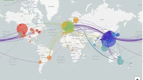 Mapa global de Nextstrain con la reconstrucci&oacute;n de la propagaci&oacute;n geogr&aacute;fica de los virus SARS-CoV-2. Se visualizan 529 genomas muestreados entre diciembre de 2019 y marzo de 2020.
