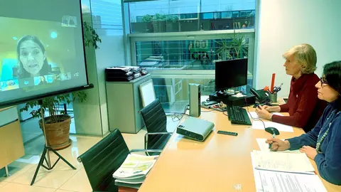 Videoconferencia consejera de Turismo, Marina Lomb&oacute;, con ministra Reyes Maroto