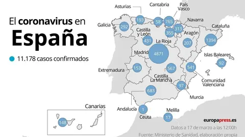 Mapa con casos de coronavirus por comunidades aut&oacute;nomas