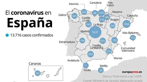 Mapa con casos de coroanvirus en Espa&ntilde;a a 18 de marzo a las 12:00