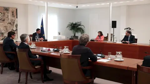 (I-D) El director del Centro de Coordinaci&oacute;n de Alertas y Emergencias Sanitarias, Fernando Sim&oacute;n; el ministro del Interior, Fernando Grande-Marlaska; el ministro de Sanidad, Salvador Illa; el presidente del Gobierno, Pedro S&aacute;nchez; la ministra de Defensa,