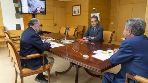 El presidente de Cantabria, Miguel &Aacute;ngel Revilla, y consejero de Industria, Francisco Mart&iacute;n, se re&uacute;ne con videoconferencia por SODERCAN. 20 MARZO 2020 &copy; Miguel De la Parra