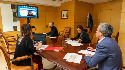 El vicepresidente de Cantabria, Pablo Zuloaga, y la consejera de Acci&oacute;n Exterior, Paula Fern&aacute;ndez, en una videoconferencia con la Delegaci&oacute;n del Gobierno