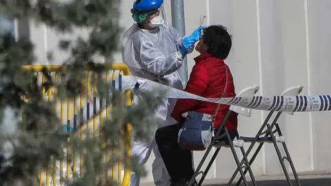 Una sanitaria realiza a una trabajadora de servicios esenciales uno de los test r&aacute;pidos de coronavirus que ha adquirido el Ayuntamiento de la capital para preservar la salud de los trabajadores m&aacute;s expuestos