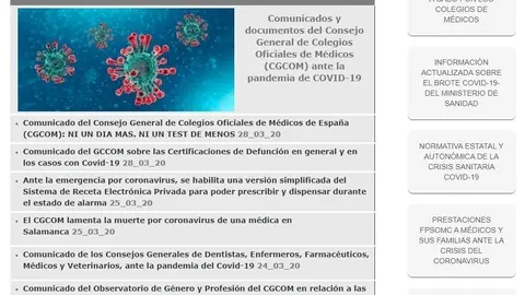 P&aacute;gina web del Consejo General de Colegios Oficiales de M&eacute;dicos (CGCOM) que recopila en un espacio propio toda la informaci&oacute;n sobre el Covid-19