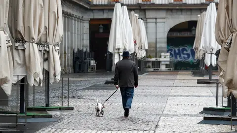 Un hombre pasea a su perro por la vac&rsquo;a Plaza Mayor de Madrid durante el sexto d&rsquo;a del estado de alarma por coronavirus, en Madrid (Espa&ndash;a) a 21 de marzo de 2020.