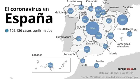 Mapa con casos de coronavirus en Espa&ntilde;a a 1 de abril a las 11:30