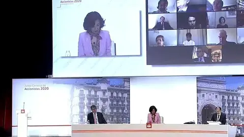 Junta general ordinaria de accionistas de Banco Santander, celebrada por primera vez en Madrid y retransmitida telem&aacute;ticamente por el estado de alarma y la crisis del Covid-19.