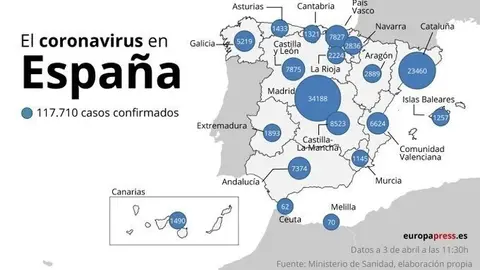 Mapa con casos de coronavirus a 3 de abril de 2020