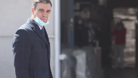 El presidente del gobierno, Pedro S&aacute;nchez, protegido con mascarilla durante la visita que ha realizado a las instalaciones interiores de la empresa Hersill