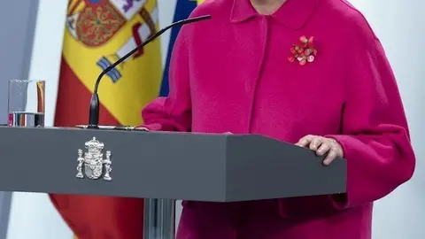La ministra de Exteriores, Arancha Gonz&aacute;lez Laya, en rueda de prensa telem&aacute;tica en el Palacio de la Moncloa