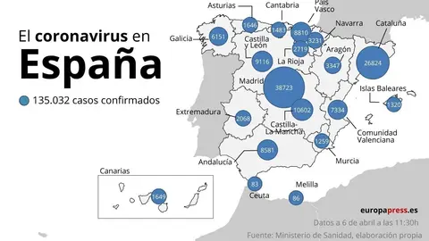 Mapa con casos de coronavirus en Espa&ntilde;a a 6 de abril a las 11:30