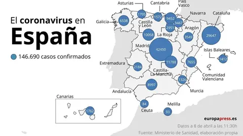 Mapa con casos de coronavirus en Espa&ntilde;a a 8 de abril a las 11:30