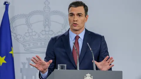 El presidente del Gobierno, Pedro S&aacute;nchez, en una intervenci&oacute;n en La Moncloa