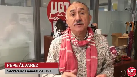 El secretario general de UGT, Pepe &Aacute;lvarez, en un videocomunicado emitido con motivo de la reactivaci&oacute;n de la actividad laboral.