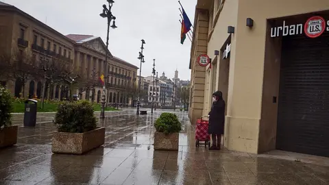 Una mujer camina bajo la lluvia con el carro de la compra frente al Palacio del Gobierno de Navarra durante el Martes Santo y la cuarta semana del estado de alarma decretado por el Gobierno por la crisis del coronavirus, en Pamplona/Navarra (Espa&ntilde;a) a 7 d