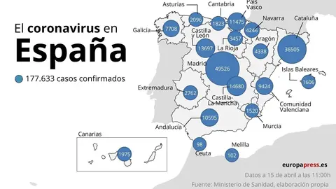 Mapa con casos de coronavirus a 15 de abril a las 11:00