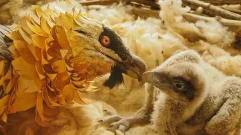 Un ejemplar de quebrantahuesos con su cr&iacute;a.