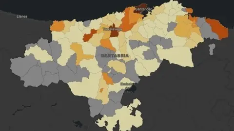 Mapa de casos de COVID por municipios c&aacute;ntabros