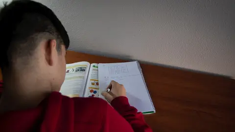 Un ni&ntilde;o realiza sus deberes en su habitaci&oacute;n durante el confinamiento por el estado de alarma, cuando Espa&ntilde;a es el &uacute;nico pa&iacute;s que no deja a los menores salir a la calle y un d&iacute;a despu&eacute;s de que la ministra de Educaci&oacute;n anunciara que el curso escolar acabar