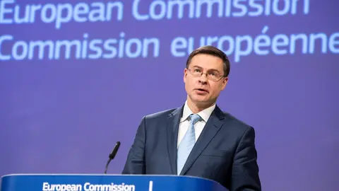 13 March 2020, Belgium, Brussels: Executive Vice-President of the European Commission in charge of an Economy that works for People Valdis Dombrovskis speaks at a press conference to present the economic response to the COVID-19 (coronavirus) crisis. Phot