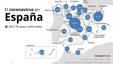 Casos de coronavirus en Espa&ntilde;a a 21 de abril a las 11:00