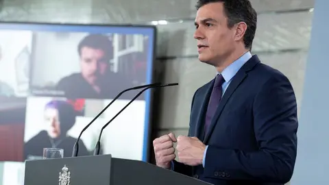 El presidente del Gobierno, Pedro S&aacute;nchez, durante una rueda de prensa , en Madrid (Espa&ntilde;a) a 12 de abril de 2020.