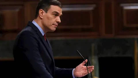 El presidente del Gobierno, Pedro S&aacute;nchez, durante su comparecencia en el pleno celebrado este mi&eacute;rcoles en el Congreso, para exponer los resultados de los &uacute;ltimos consejos europeos y los motivos por los que solicita una nueva pr&oacute;rroga del estado de alarm