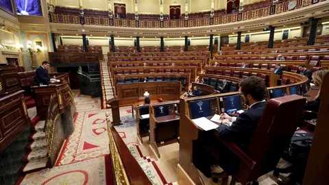 El presidente del Gobierno, Pedro S&aacute;nchez, durante su intervenci&oacute;n en el Pleno del Congreso para solicitar la pr&oacute;rroga del estado de alarma. En Madrid (Espa&ntilde;a), a 22 de abril de 2020.