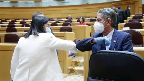 Revilla y Darias, con mascarilla, se saludan con el codo en la comisi&oacute;n del coronavirus en el Senado