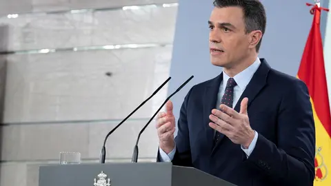 El presidente del Gobierno, Pedro S&aacute;nchez, durante una comparecencia en el Palacio de la Moncloa.