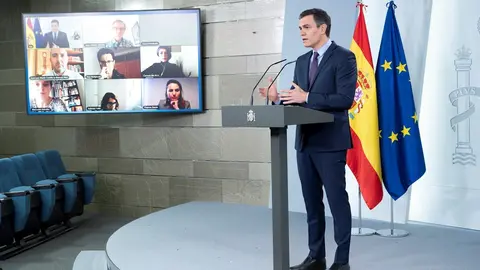 El presidente del Gobierno, Pedro S&aacute;nchez, durante una rueda de prensa