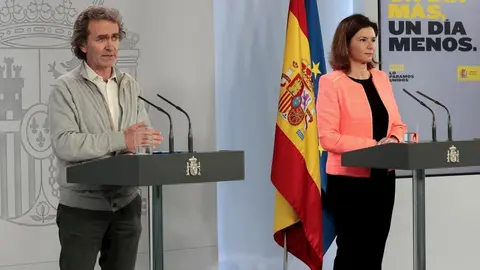El director del Centro de Alertas y Emergencias Sanitarias, Fernando Sim&oacute;n, y  la secretaria general de Transportes, Mar&iacute;a Jos&eacute; Rallo, en rueda de prensa tras el Comit&eacute; T&eacute;cnico de Gesti&oacute;n del Coronavirus. En Madrid, (Espa&ntilde;a), a 30 de abril de 2020.