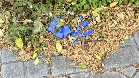 Guante sanitario abandonado en el medio ambiente.