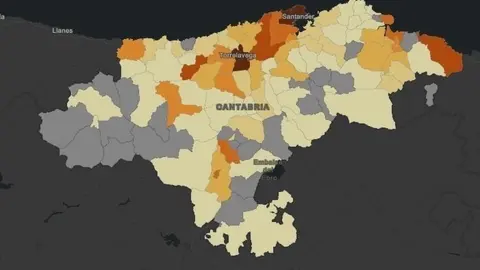 Mapa de Cantabria por casos de COVID-19 por municipios
