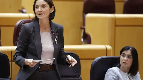 La ministra de Turismo, Reyes Maroto (i) interviene este martes en la sesi&oacute;n de control al Gobierno en el Senado, en Madrid (Espa&ntilde;a), a 5 de mayo de 2020.