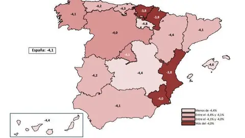 Mapa de Espa&ntilde;a con las previsiones de crecimiento del PIB por comunidades del primer trimestre de 2020, elaborado por la Airef.