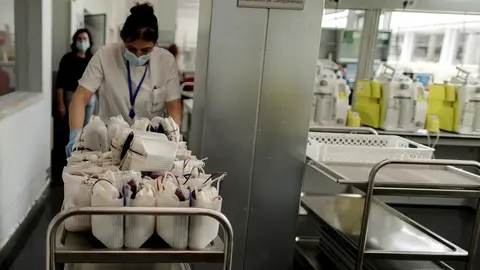 Una sanitaria transporta las bolsas de transfusi&oacute;n de sangre para pesarlas y posteriormente introducirlas en la centrifugadora para separar sus componentes en el Centro de Transfusi&oacute;n de la Comunidad de Madrid