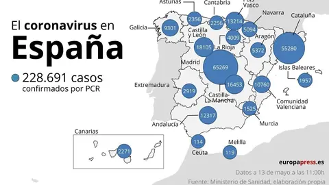Mapa con casos de coronavirus en Espa&ntilde;a a 13 de mayo a las 11:00