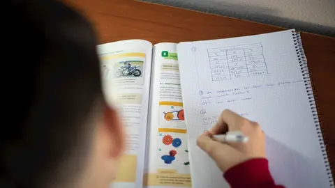 Un estudiante realiza deberes en su domicilio en Vitoria durante el confinamiento.