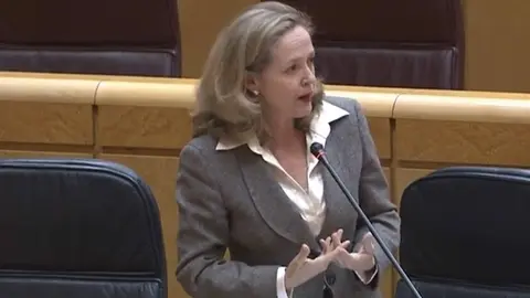 La vicepresidenta tercera y ministra de Asuntos Econ&oacute;micos y Transformaci&oacute;n Digital, Nadia Calvi&ntilde;o, durante la sesi&oacute;n de control al Gobierno en el Senado el d&iacute;a 21 de abril de 2020.