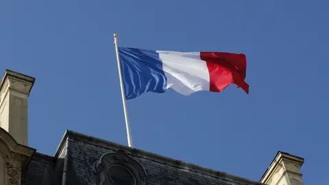 October 14 2019 - Paris, France : French flag floating before France's President Emmanuel Macron received the visit of recently elected President of the European Commission Germany's Ursula von der Leyen at the Elysee Palace (Henri Szwarc/Contacto)