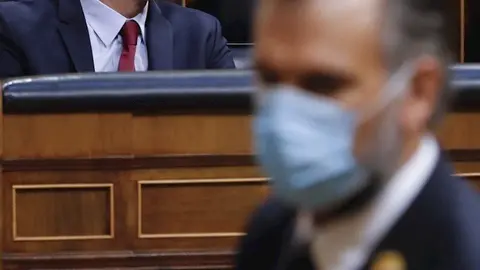 El presidente del Gobierno, Pedro S&aacute;ncez durante la sesi&oacute;n de control al ejecutivo que se celebra este mi&eacute;rcoles en el Congreso, en un momento en el que el Gobierno intenta recabar apoyos para aprobar una nueva pr&oacute;rroga del estado de alarma