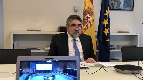 El ministro de Cultura y Deporte, Jos&eacute; Manuel Rodr&iacute;guez Uribes, durante la reuni&oacute;n telem&aacute;tica con los ministros de Deportes de la Uni&oacute;n Europea (foto de archivo)