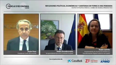La vicepresidenta tercera del Gobierno y ministra Nadia Calvi&ntilde;o; el presidente del C&iacute;rculo de Econom&iacute;a, Javier Faus, y el vicepresidente ejecutivo de la Comisi&oacute;n Europea, Valdis Dombrovskis.
