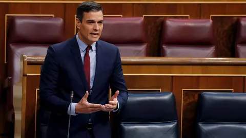 El presidente del Gobierno, Pedro S&aacute;nchez, durante su intervenci&oacute;n en del debate, este mi&eacute;rcoles en el Congreso, de la quinta pr&oacute;rroga del estado de alarma