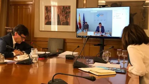 El ministro de Sanidad, Salvador Illa, se re&uacute;ne por videoconferencia con el consejero de Murcia