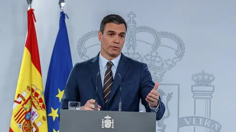 El presidente del Gobierno, Pedro S&aacute;nchez, en la rueda de prensa de este domingo en Moncloa.