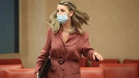 La ministra de Trabajo y Econom&iacute;a Social, Yolanda D&iacute;az, a su llegada a la comparecencia en el Congreso de los Diputados en la Comisi&oacute;n para la Reconstrucci&oacute;n Social y Econ&oacute;mica la semana pasada.
