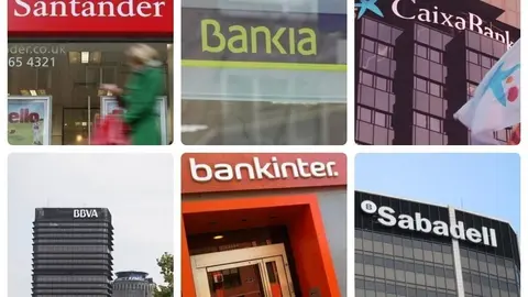 Montaje de los logos de los seis bancos cotizados en Espa&ntilde;a